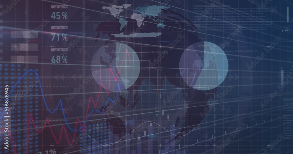 Image of financial data processing over globe on black background