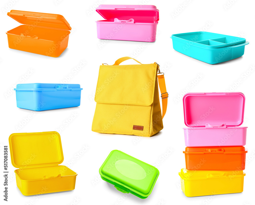 Set of plastic lunch boxes and bag on white background