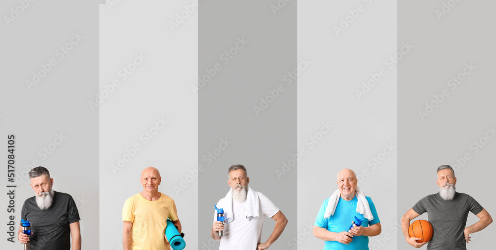 Set of sporty elderly men on grey background