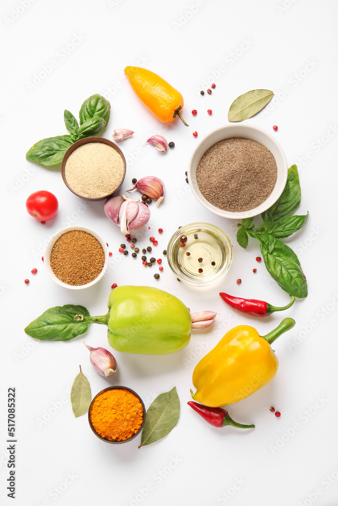 Composition with fresh vegetables and spices isolated on white background