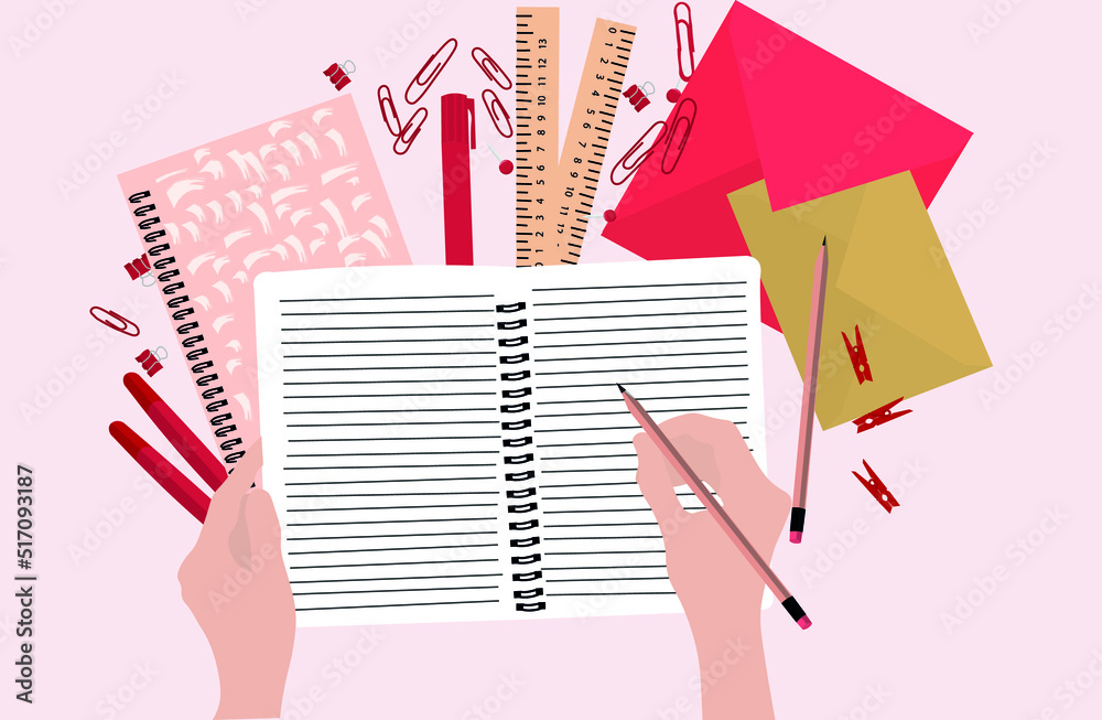 Hands with pen, notebook and supplies on light pink background