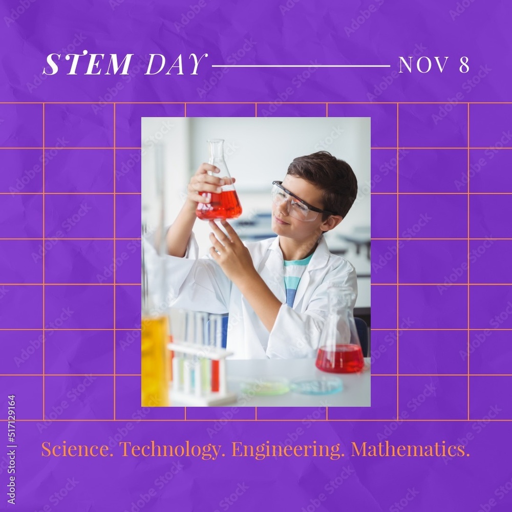 Composition of stem day text over caucasian boy with beaker in lab