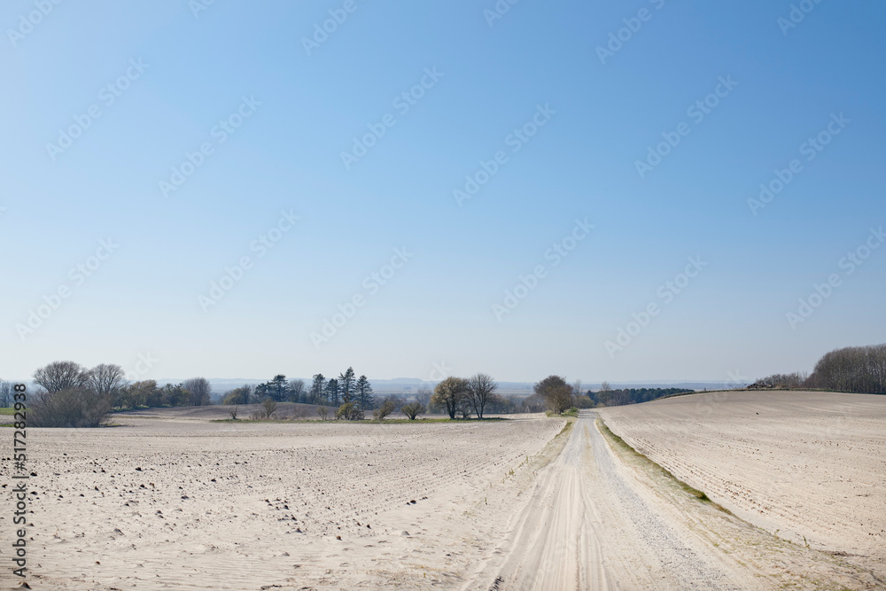 一条有蓝天复制空间的沙质乡村道路。一片开阔的旱地自然景观