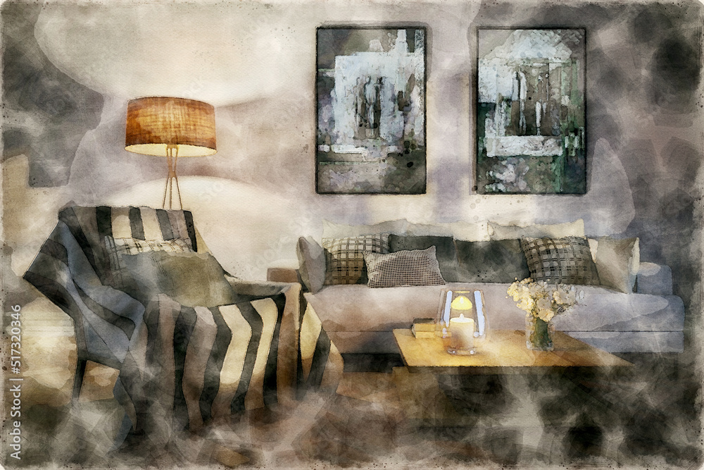 Watercolor Painting of Modern living room interior with paintings by evening