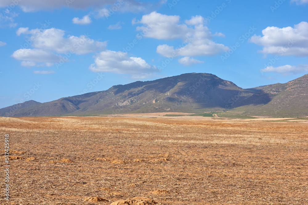 Farmland in the Western Cape of South Africa in the middle of the day. A mountain in a bare land wit