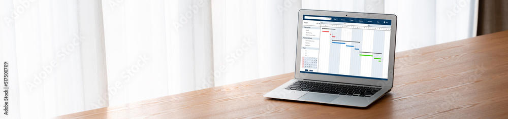Project planning software for modish business project management on the computer screen showing time