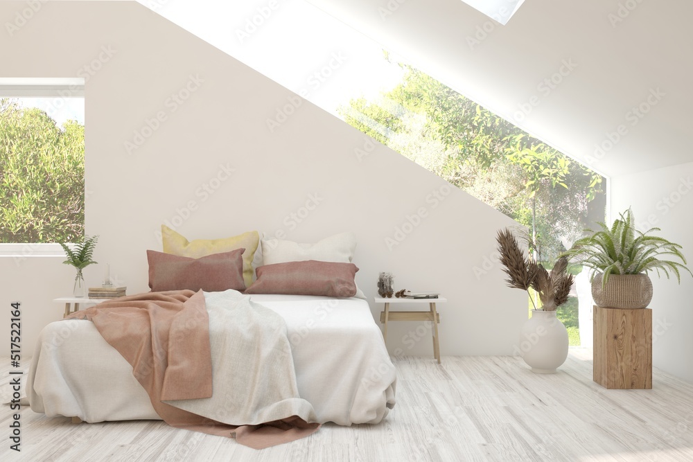 Stylish bedroom in white color with summer landscape in window. Scandinavian interior design. 3D ill