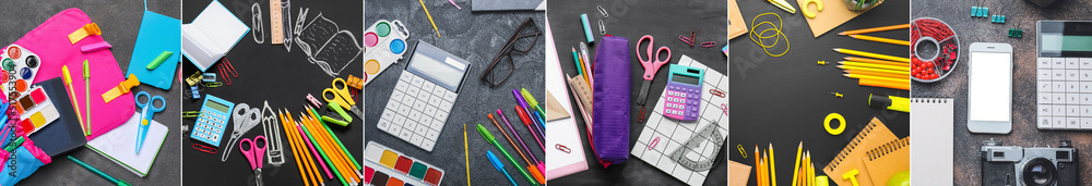 Set of school supplies on dark background, top view