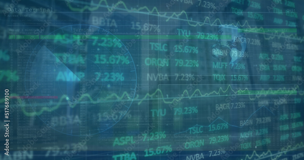 Image of stock market and scope scanning over cityscape