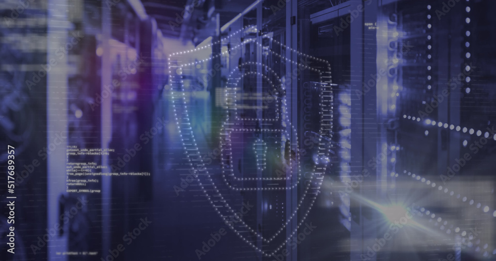 Image of data processing and padlock icon over server room