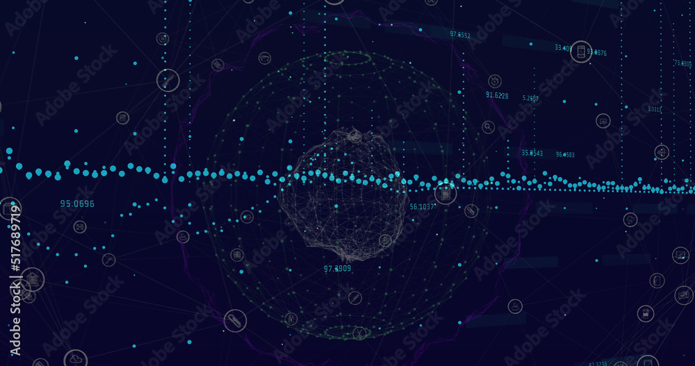 黑色背景下连接网络和地球仪上的财务数据处理图像