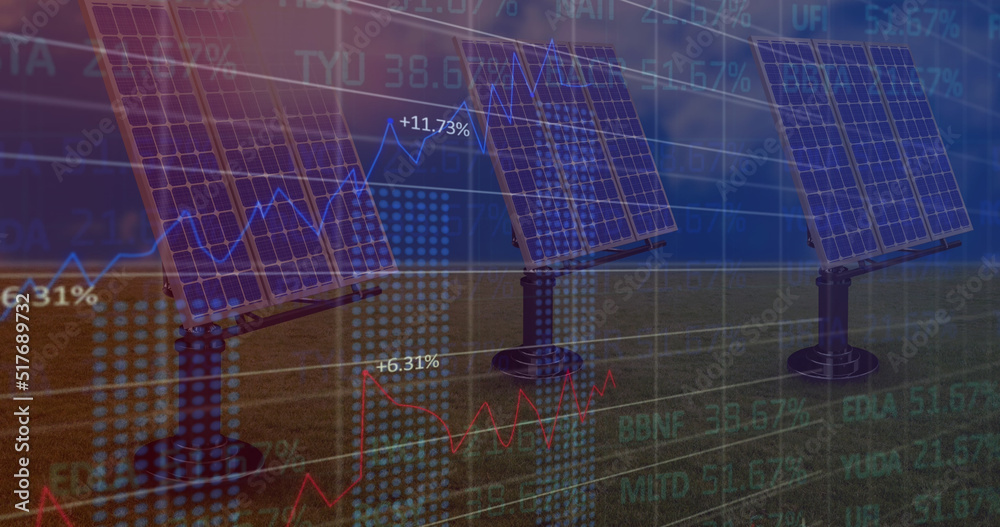 Image of financial data processing over solar panels