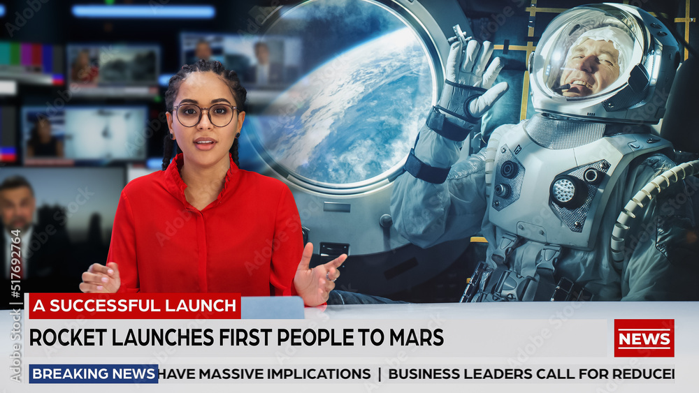 Split Screen TV News Live Report: Anchor Talks. Reportage Edit: Space Travel, Successful Rocket Laun