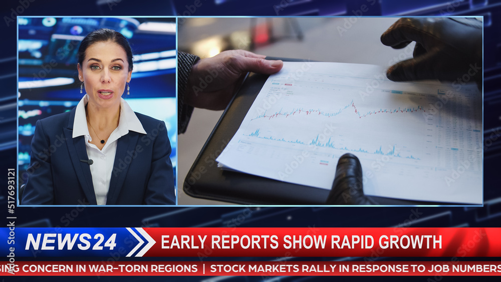 Split Screen TV News Live Report: Anchor Talks. Reportage Edit: Real-Estate Development, New Buildin