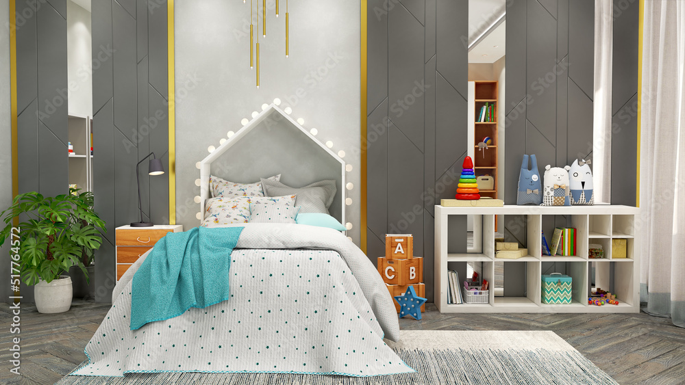 Stylish children room with dark wall panels, mirrors and brass splitters, creative bed and shelf wit