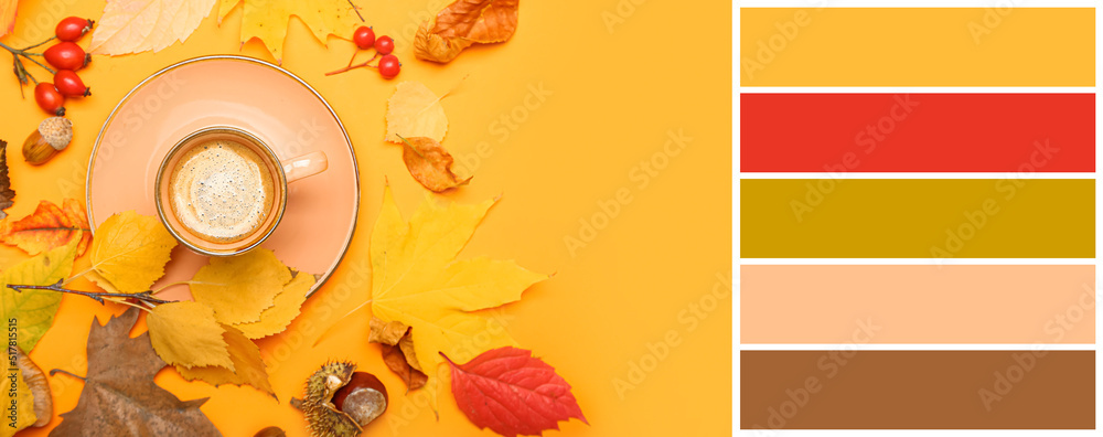 Beautiful autumn composition with cup of coffee and fallen leaves on yellow background. Different co