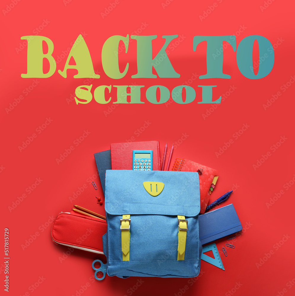 Backpack with stationery and text BACK TO SCHOOL on red background