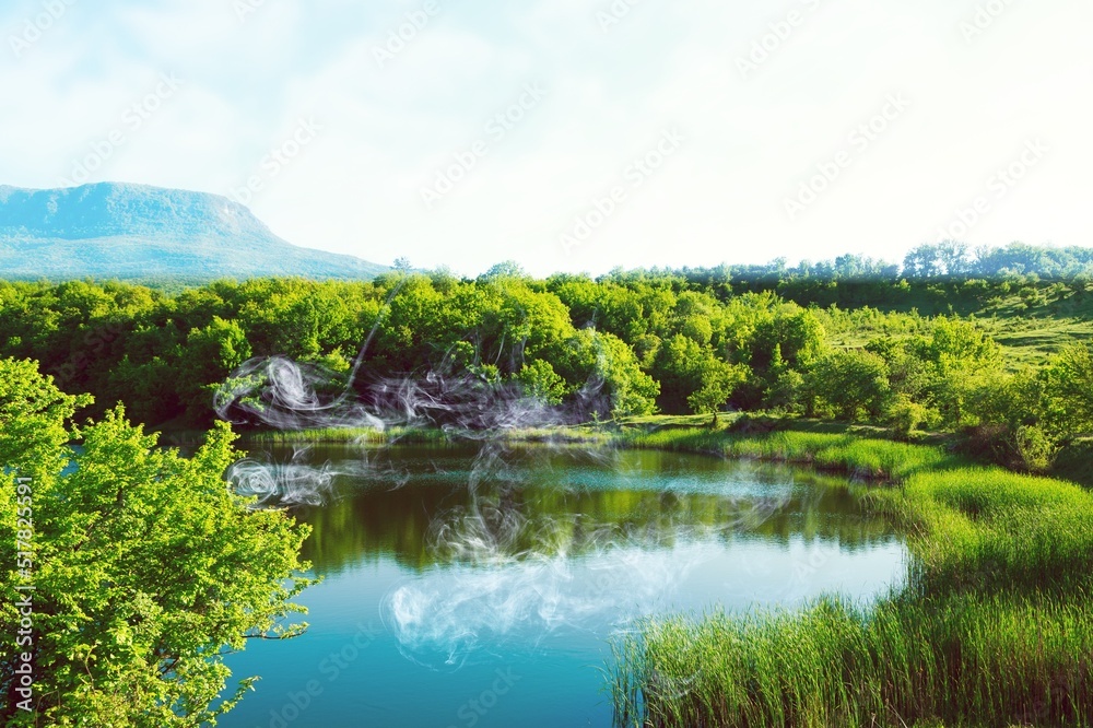 夏日绿色森林中的美丽湖泊。夏日绿色湖景。夏日森林湖泊景观