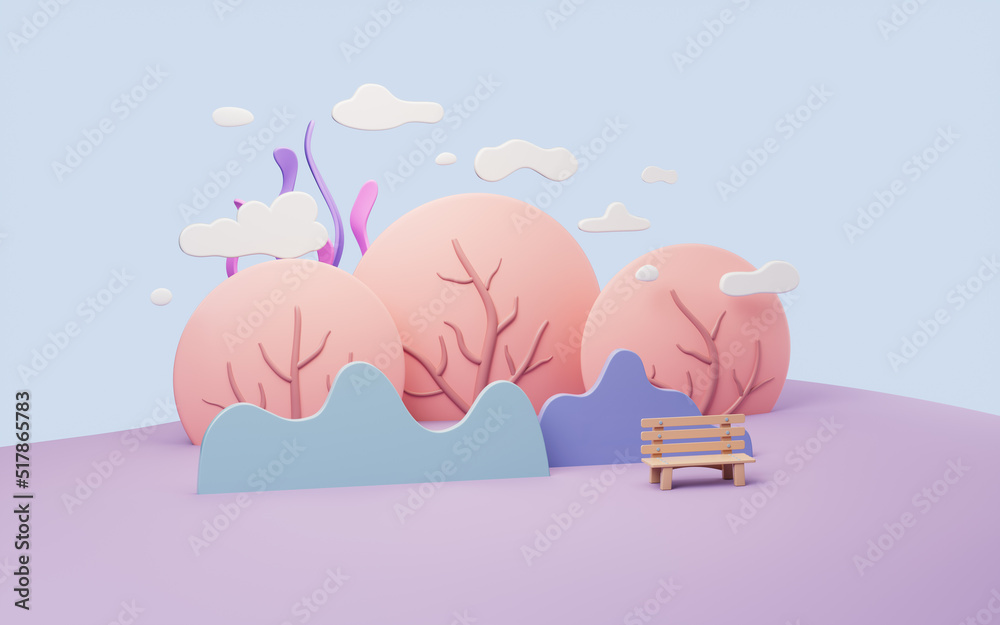 Park scene with cartoon style, 3d rendering.