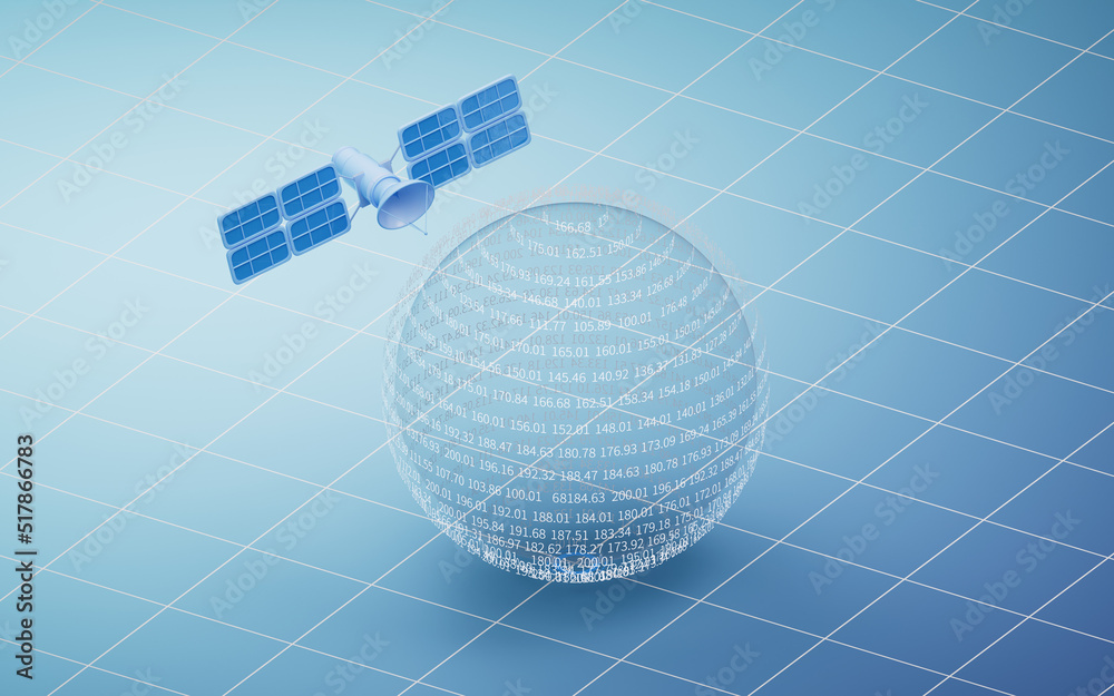 Transparent data sphere with satellite, 3d rendering.