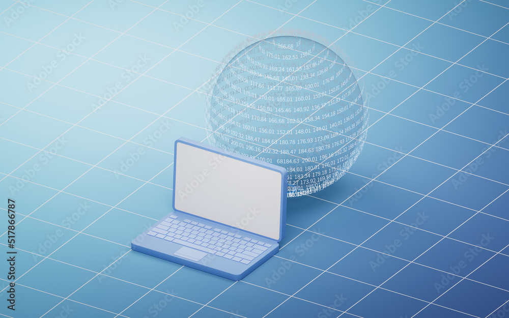 Transparent data sphere with laptop, 3d rendering.