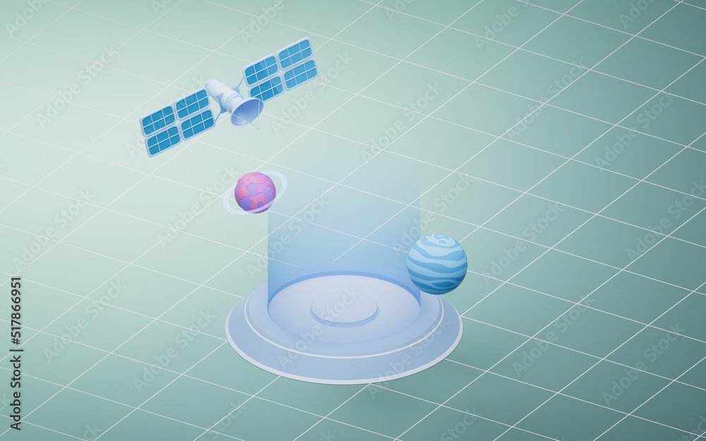 太空轨道卫星，航空航天和通信概念，三维渲染。