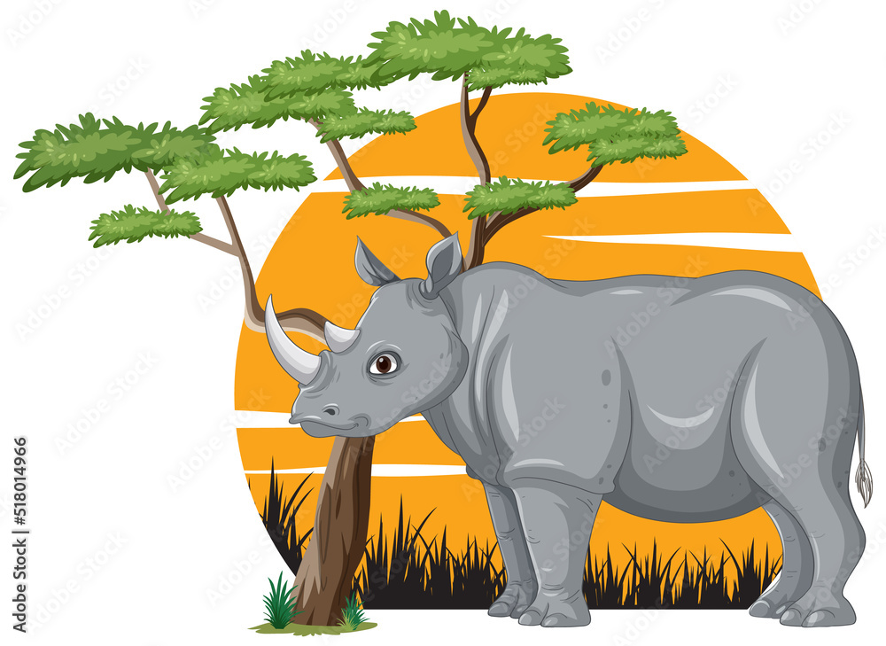 Rhinosaurus with tree in cartoon style