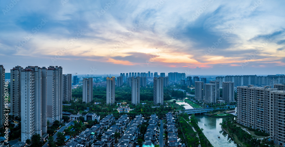 Aerial view of urban buildings residential area scenery in Jiaxing, China, Asia. Beautiful cityscape