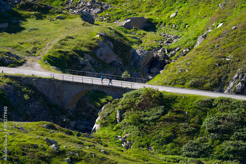 Aerial view of old Tremola road at Swiss pass named St. Gotthard between canton Uri and canton Ticin