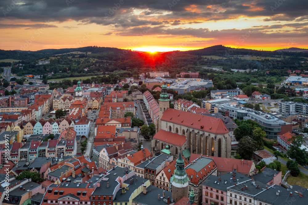 Beautiful architecture of the Town Hall Square in Jelenia Gora at sunset, Poland