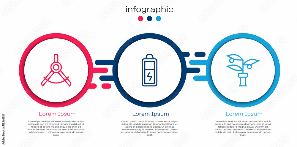Set line Drawing指南针，电池和植物育种。商业信息图模板。Vector