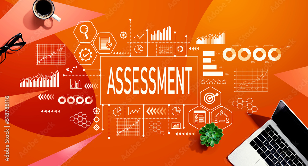 Assessment concept with a laptop computer on a orange pattern background