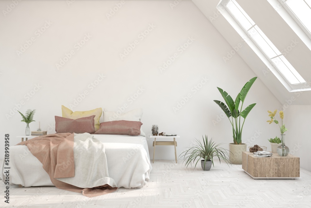 White bedroom interior. Scandinavian design. 3D illustration