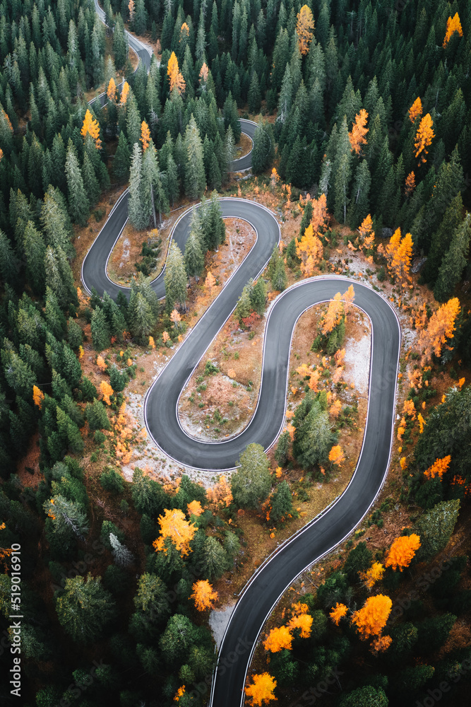 多洛米蒂阿尔卑斯山Passo Giau附近著名的Snake公路俯视图。罗斯蜿蜒的山路