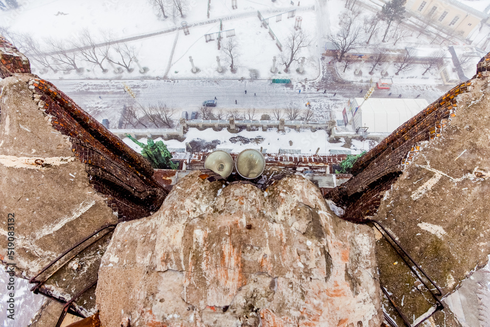 Winter in Moscow. View from the roof. Reconstruction of the old building at the Exhibition Center in