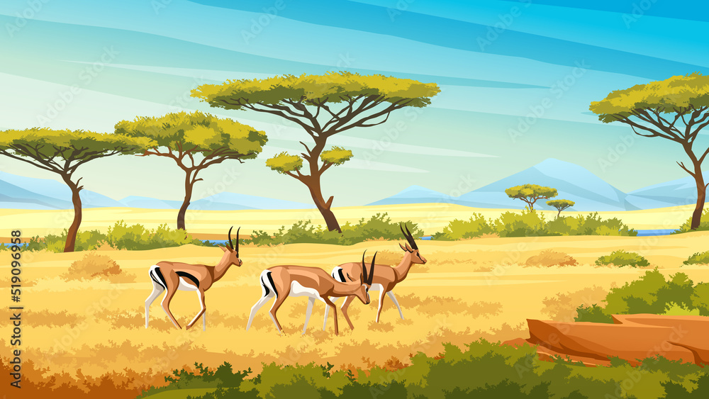 African savannah landscape with wild roe young deers, nature of Africa, cartoon background. Vector g