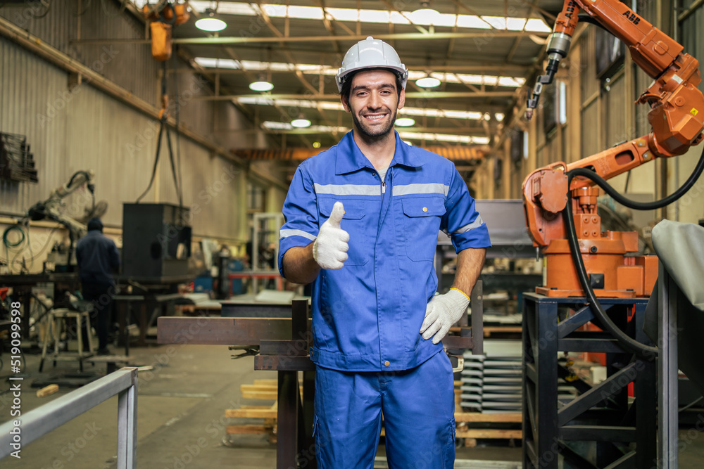 Portrait of Caucasian man industry worker working in factory warehouse