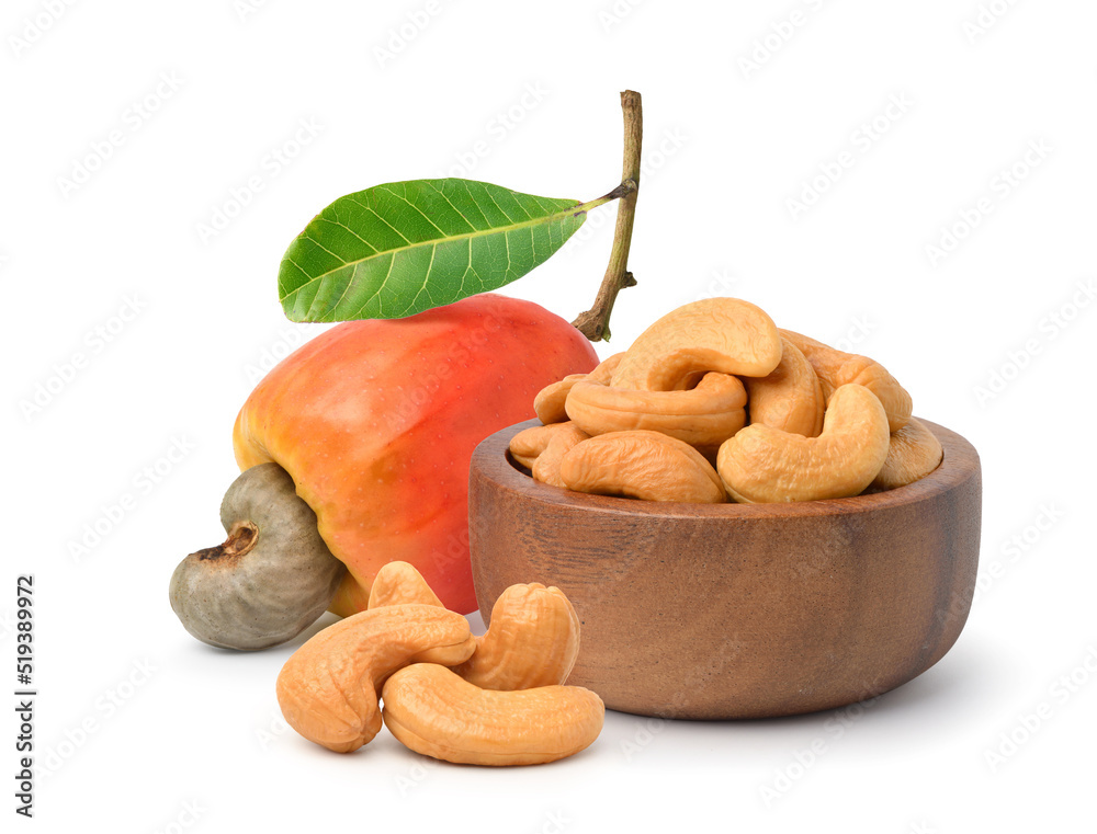 Roasted cashew nuts with fresh fruit  isolated on white background.