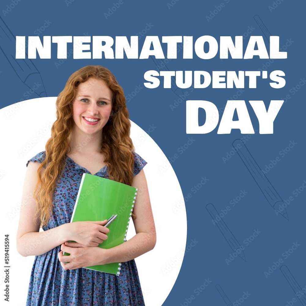 Composite of portrait of smiling caucasian young student with book and international students day