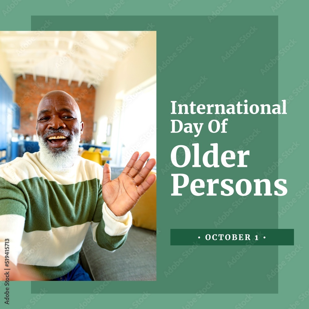 Image of international day of older person over happy senior african american man