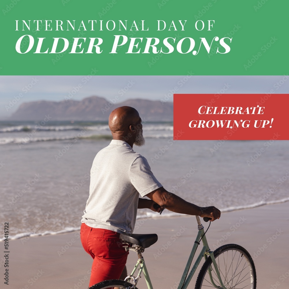 Image of international day of older persons over senior african american man with bike on beach