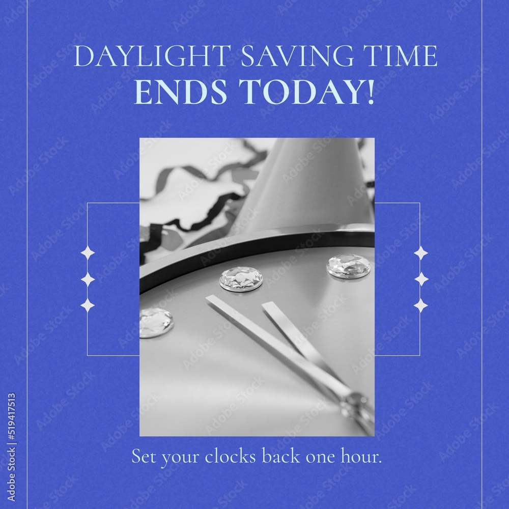 Composition of end of daylight saving time text over clock