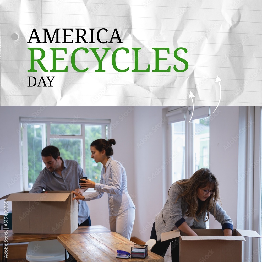 Composition of america recycles day text over diverse people with boxes at home