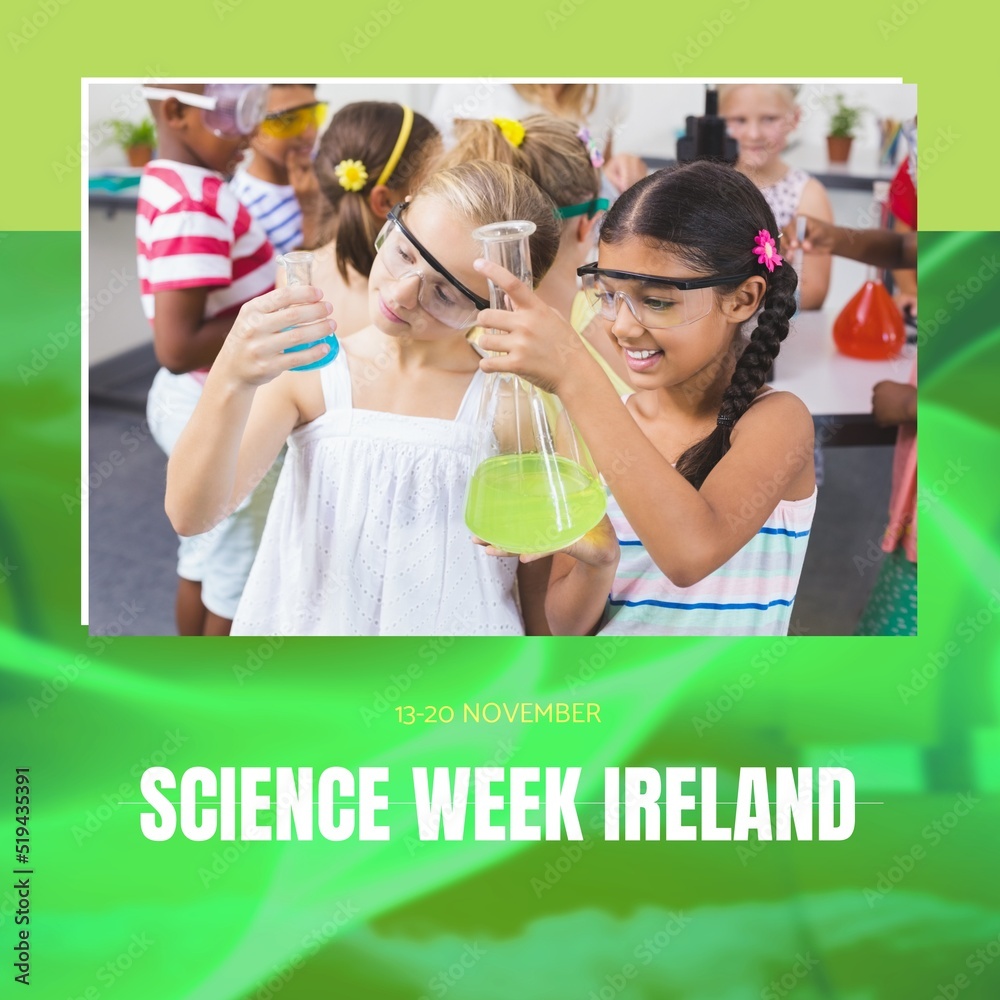 Composition of science week ireland text over diverse schoolchildren in lab