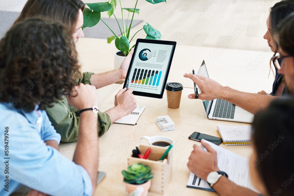 Business people using digital tablet computer discussing financial graph data on mobile touchscreen 