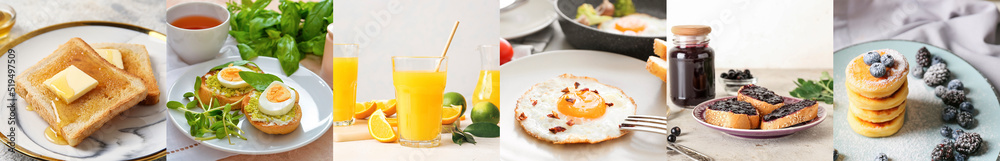 Collage of tasty breakfasts on light background