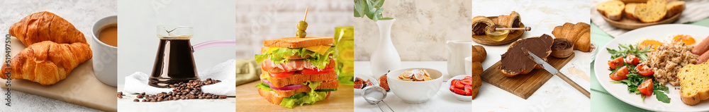 Group of tasty breakfasts on light background