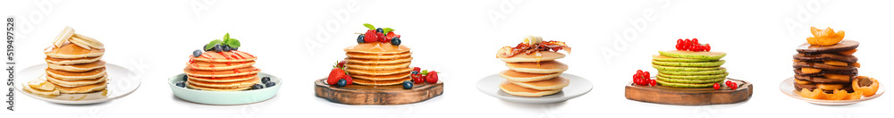 Collection of sweet pancakes on white background