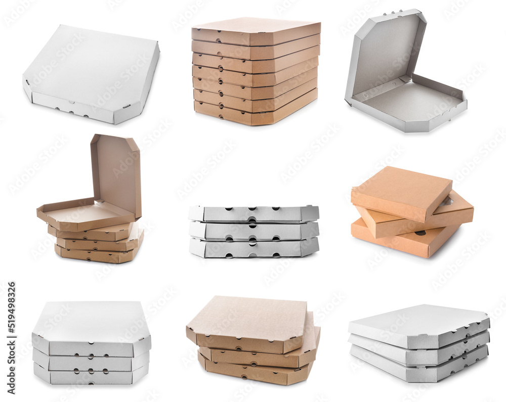 Set of cardboard pizza boxes on white background