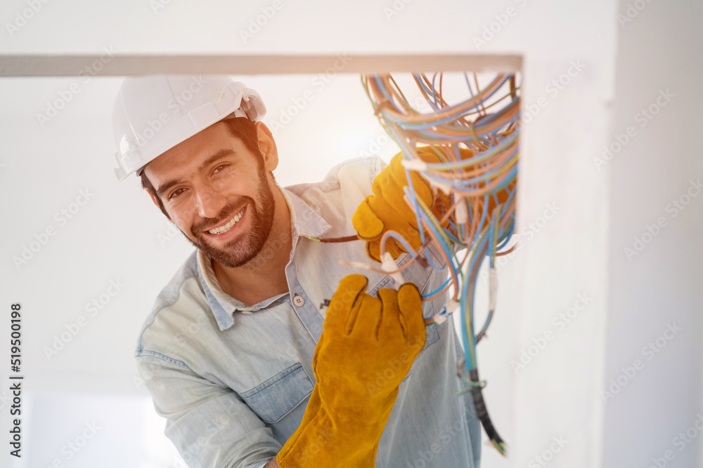 Electrician working on building site,Repairing light at home,repair work.